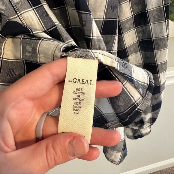 THE GREAT. Black White Heart Plaid Cotton Linen Blouse Top Small 1 - Picture 8 of 10